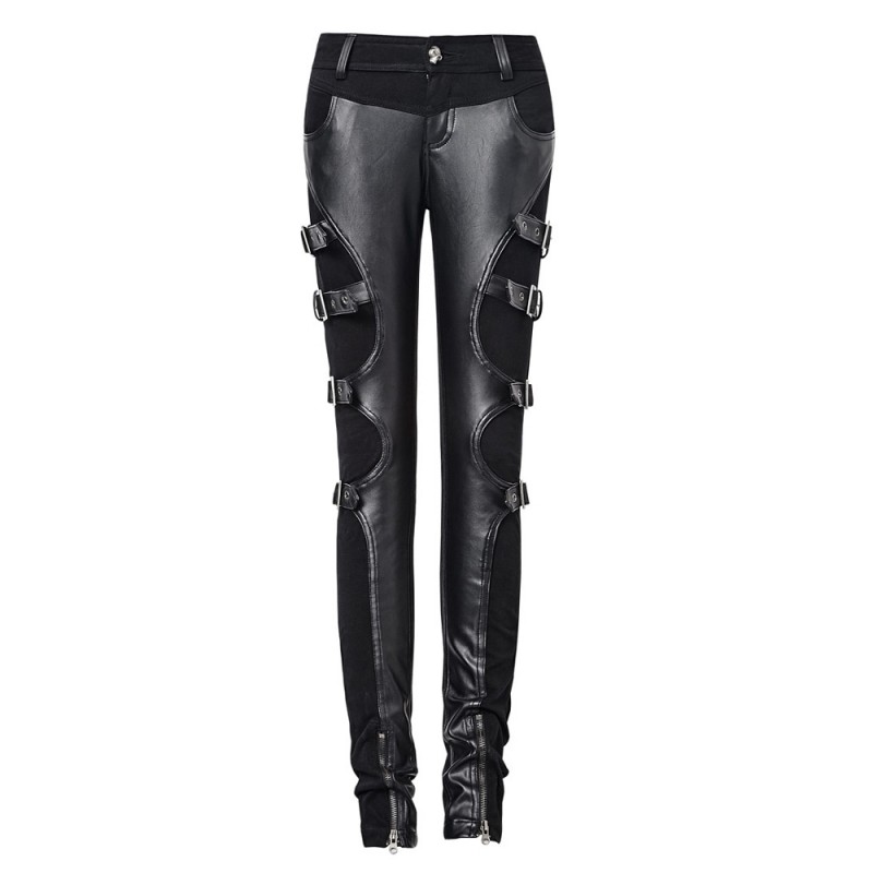 Gothic Retro Warrior Futurism Rock Black Leather Pants With Straps